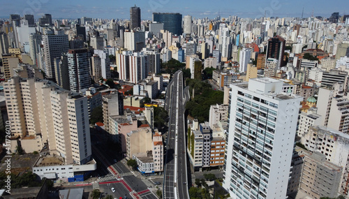 Aerial view of the President Joao Goulart viaduct, also known as Minhocao, located in Consolacao district, downtown Sao Paulo, Brazil.