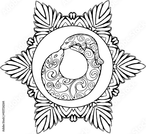 Sea seal with cub in yoga pose. Ornament pattern in yoga game. Black and white. 