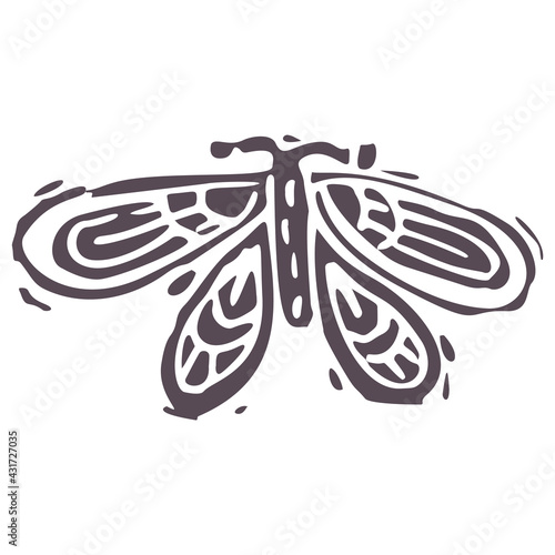 Hand carved bold block print butterfly icon clip art. Folk illustration design element. Modern boho decorative linocut. Ethnic muted natural tones. Isolated rustic vector motif. 