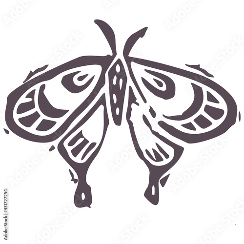 Hand carved bold block print butterfly icon clip art. Folk illustration design element. Modern boho decorative linocut. Ethnic muted natural tones. Isolated rustic vector motif. 