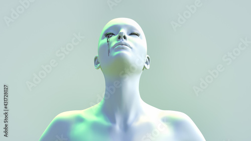 3D illustration of a female figure with her eyes closed and shedding tears, yellow and green light