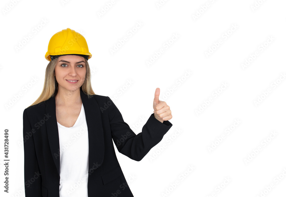 engineer woman in yellow helmet.	