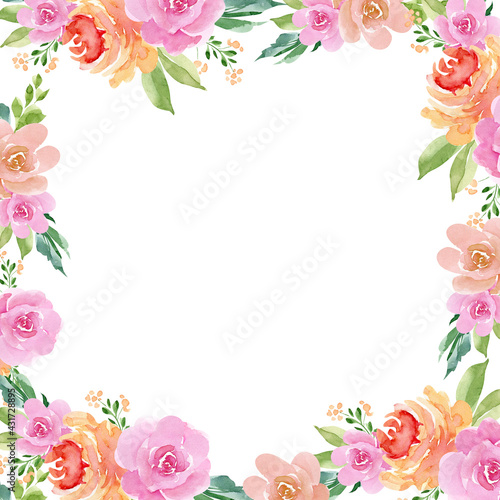 frame with watercolor bouquets of rose flowers isolated on white background hand painted  for weddings and invitations