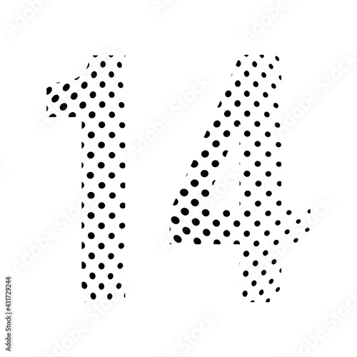 Number Fourteen, 14 in halftone. Dotted illustration isolated on a white background. Vector illustration.