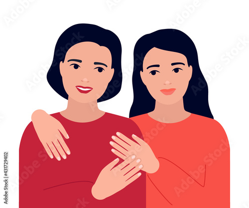 Happy mother and adult teenage daughter are hugging. Mother s day concept. Adult sisters. Family love. Family understanding, consent, support. Vector illustration