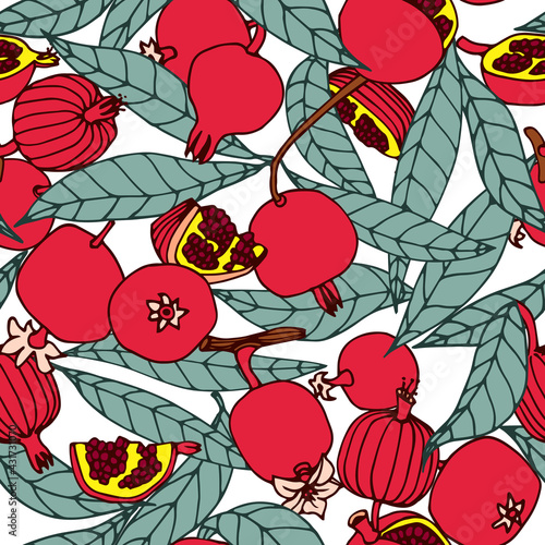 seamless pattern of red pomegranates with leaves, decorative floral ornament, color vector illustration with contour lines isolated on a white background in cartoon and hand drawn style