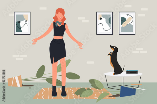 Pet dog education, overwhelmed pet owner young woman upset by dachshund dog behavior