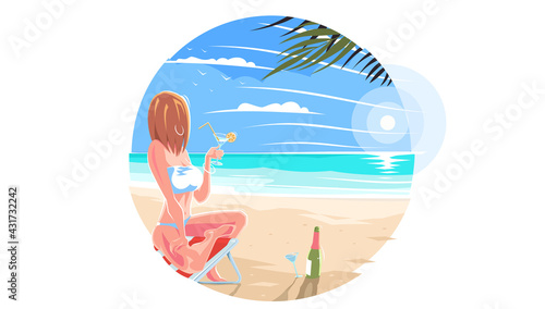 Beach with a palm tree. A girl in a swimsuit relaxing on a chaise lounge on a sea or ocean beach. A beautiful slender girl is resting under a palm tree. Beach with palm trees. Vector illustration. EPS