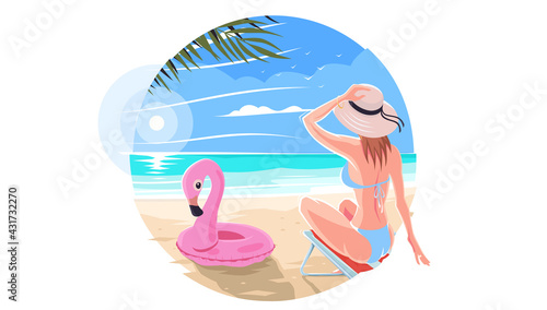 Beach with a palm tree. A girl in a swimsuit relaxing on a chaise lounge on a sea or ocean beach. A beautiful slender girl is resting under a palm tree. Beach with palm trees. Vector illustration. EPS