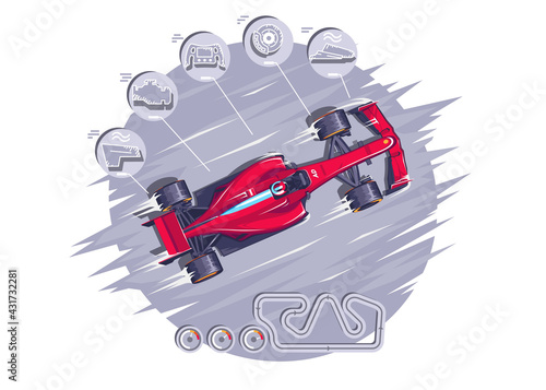 Racing at high speeds F1. Queen's races. Besignation of the parts of a sports car. Speed racing tournament. Superelevation at high speed. Route F1. The desire for victory. Vector illustration EPS 10