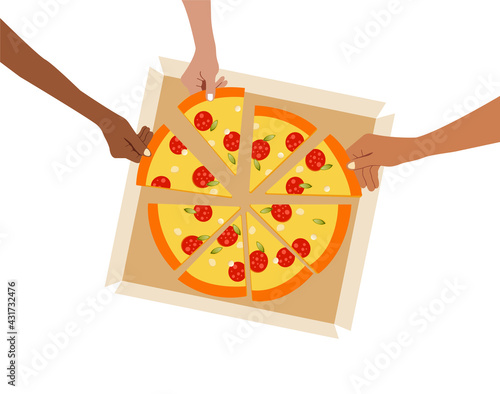 People having dinner together and sharing a huge pizza , hands top view. Vector illustration