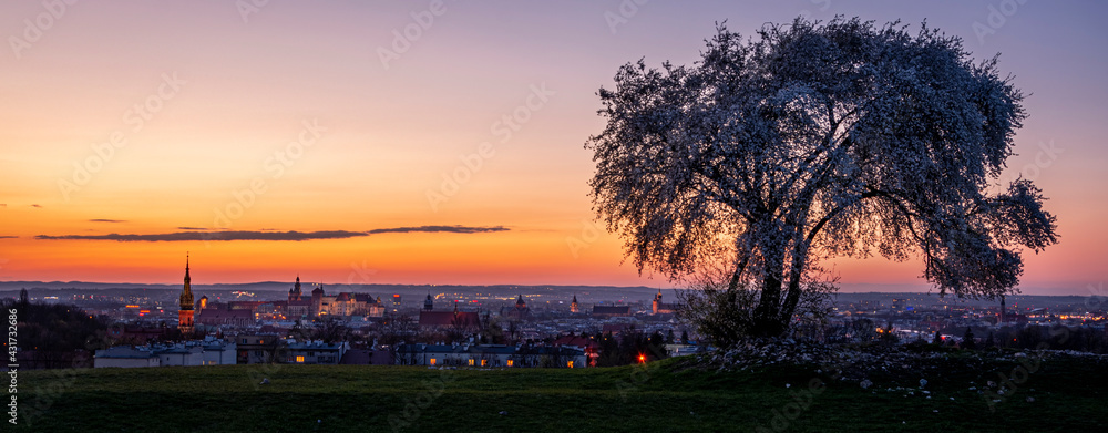 Sunset over Krakow during Spring, view from Krakus Mound. - obrazy, fototapety, plakaty 