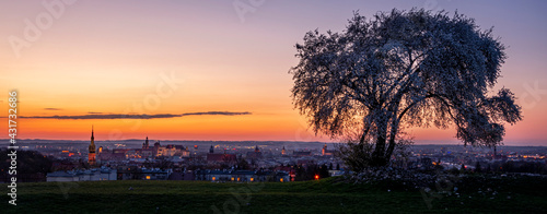 Sunset over Krakow during Spring, view from Krakus Mound. photo