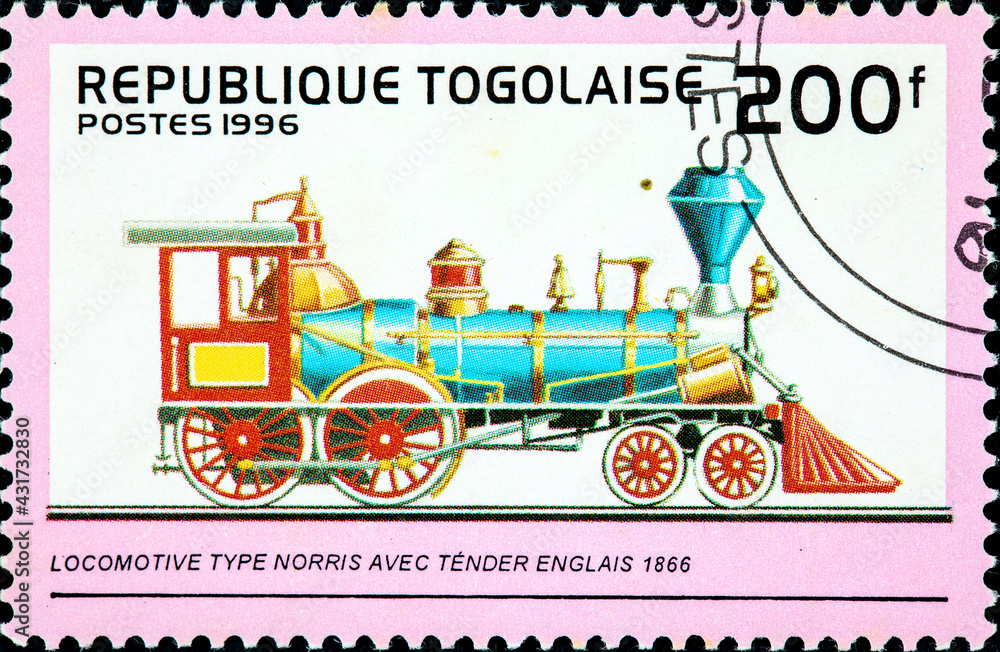 stamp printed in Togo shows an old Norris type locomotive from 1866