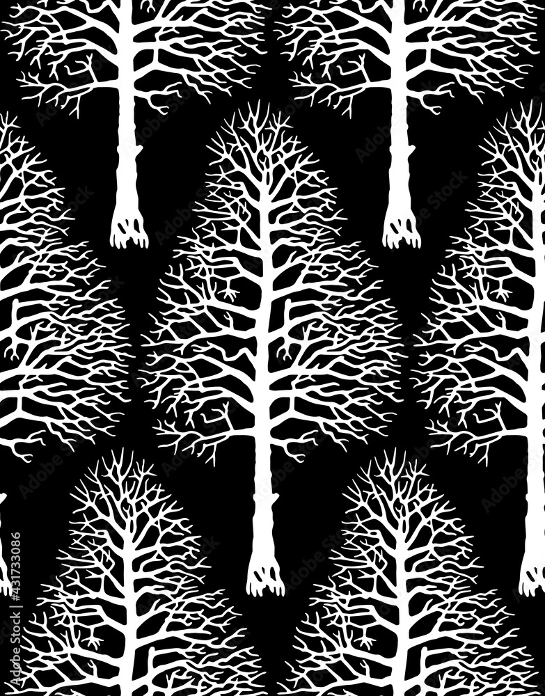 Vector tree silhouette. Seamless pattern Tree silhouette on a black background Vector tree silhouette. Seamless pattern Tree silhouette on a black background