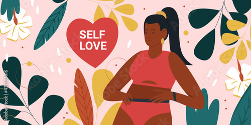 Self love body positive movement concept with cute happy fat woman in bikini standing