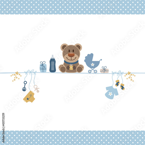 Brauner Teddy Babysymbole Junge Punkte Bordüre Retroblau Senfgelb