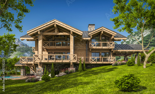 3d rendering of modern cozy chalet with pool and parking for sale or rent. Beautiful forest mountains on background. Massive timber beams columns. Clear sunny summer day with cloudless sky.