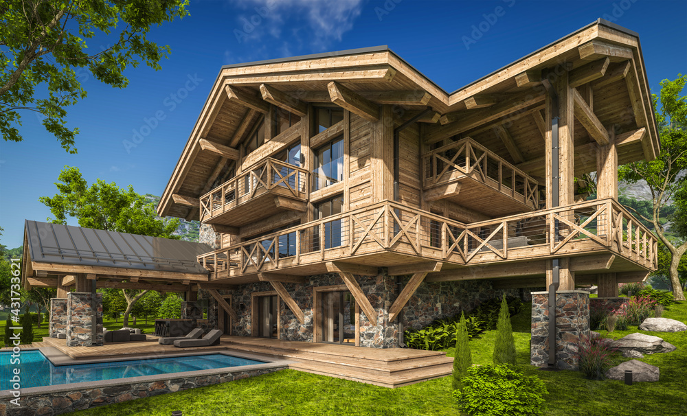 3d rendering of modern cozy chalet with pool and parking for sale or rent. Beautiful forest mountains on background. Massive timber beams columns. Clear sunny summer day with cloudless sky. 3d rendering of modern cozy chalet with pool and parking for sale or rent. Beautiful forest mountains on background. Massive timber beams columns. Clear sunny summer day with cloudless sky.