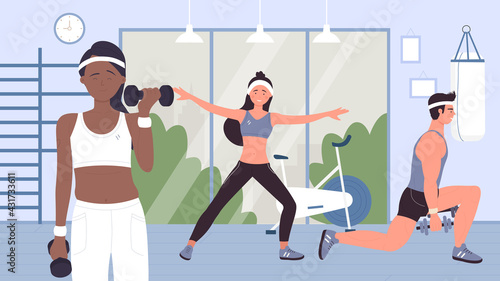 People doing sports workout with dumbbells in gym, training with sport equipments