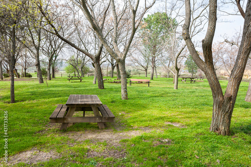 Picnic table on a green meadow with trees on background