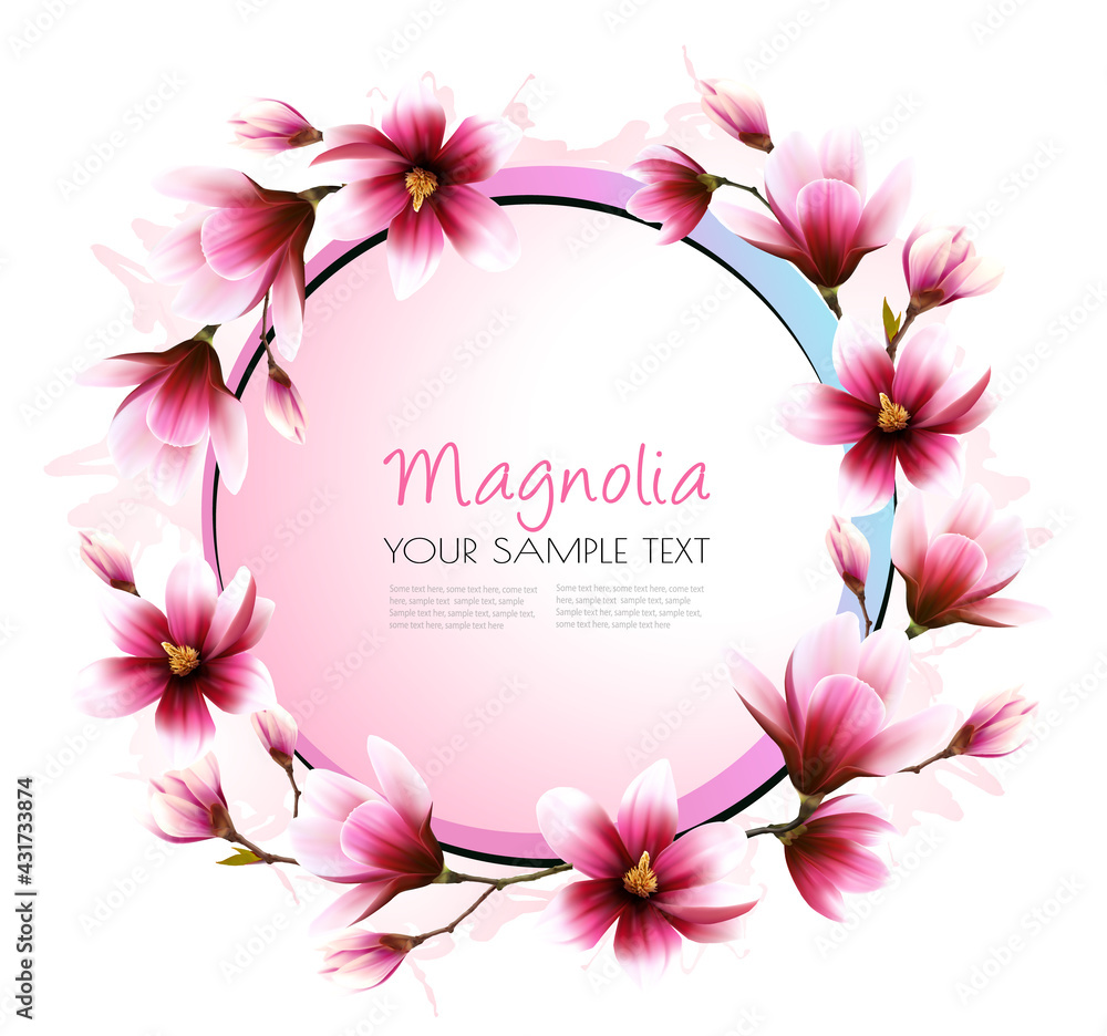 Beautiful pink magnolia getting card. Vector.