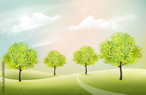 Beautiful summer nature background with a green trees and landscare. Vector.