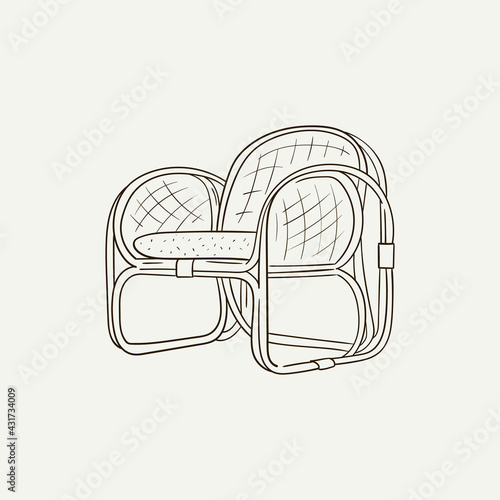 Armchair chair. Wicker furniture. Stylish furniture. Home decor line art drawing. Doodle illustration. Stay home. Minimal vintage style. Doodle plant vector illustration. 