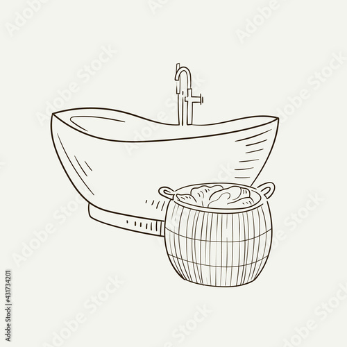 Bath. Home decor line art drawing. Doodle illustration. Stay home. Minimal vintage style. Doodle plant vector illustration. Pure nature organic brush. Line drawing.