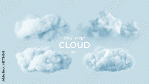 Realistic white fluffy clouds set isolated on transparent background. Cloud sky background for your design. Vector illustration