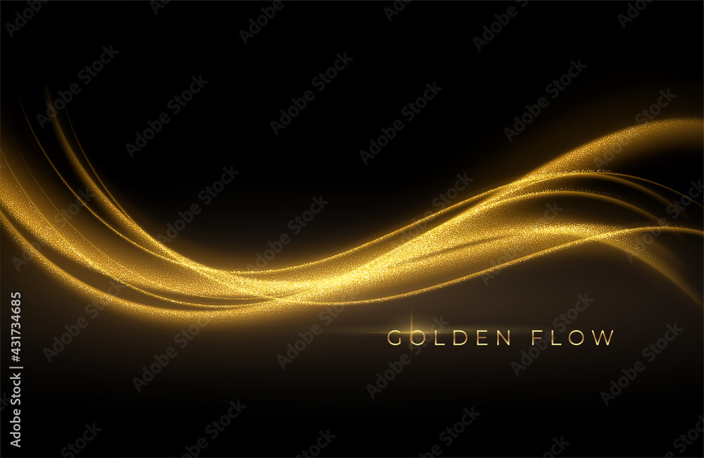 Gold wave flow and golden glitter on black background. Abstract shiny color gold wave luxury background. Luxury gold flow wallpaper. Vector illustration - obrazy, fototapety, plakaty 