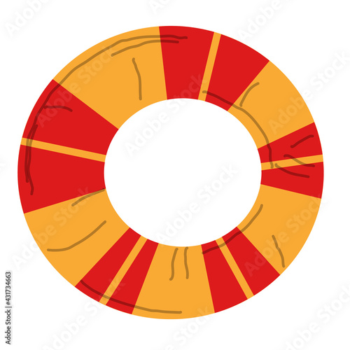 Red and yellow lifebuoy for swimming in the sea.