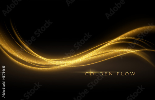 Gold wave flow and golden glitter on black background. Abstract shiny color gold wave luxury background. Luxury gold flow wallpaper. Vector illustration