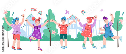 Group of cheerful happy kids on summer playground. Banner or poster backdrop template for kids summer camp or play zone in park, cartoon vector illustration.  © Anastasia