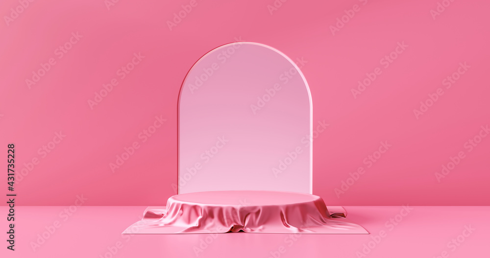 Pink product stage background or podium pedestal display on blank modern art room with studio showcase backdrop. 3D rendering.