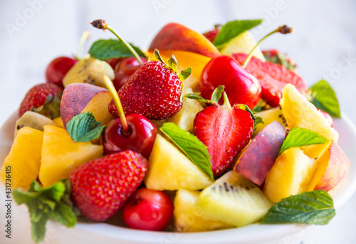 Fresh fruit salad with strawberries and cherries