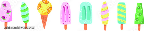 Vector summer colorful bright set of ice-cream. Sweet dessert. 