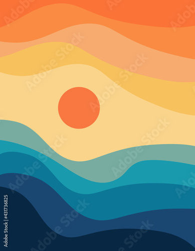 Abstract colorful retro style sunset illustration with blue sea waves, wavy cloudy sky and sun decoration © anasztazia