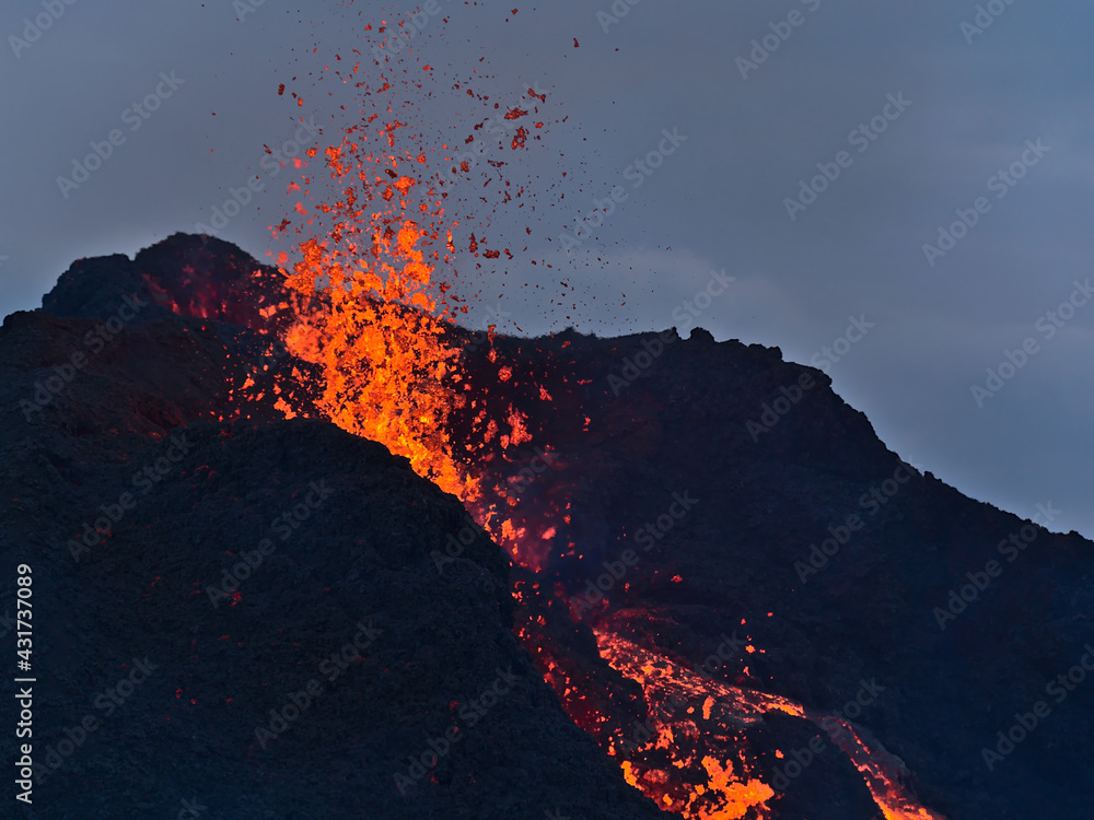 Stunning closeup view of erupting volcano in Geldingadalir valley near ...