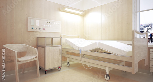 3d rendering modern medical rehabilitation room  hospital bed equipped with gas medical console