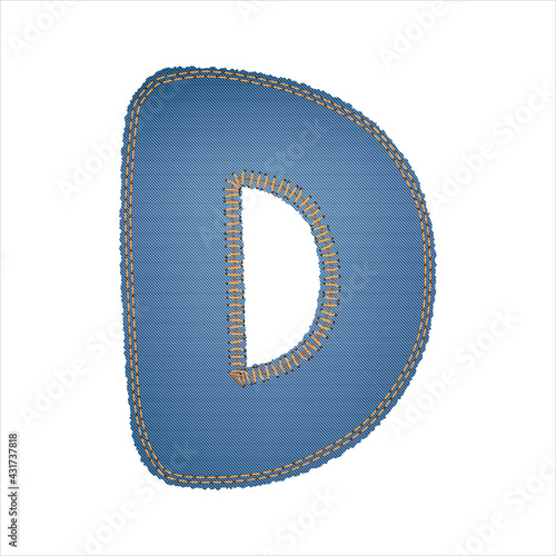Illustration of alphabet letter D made from denim with torn raw edge, trimmed with orange threads along the edge. Vector. Can be used in web design, print, posters, word and capital letter layouts
