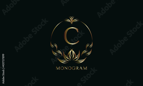 Vintage gorgeous royal monogram with letter C on a dark background. Exquisite gold floral logo for business, restaurant, boutique, cafe, hotel, etc.