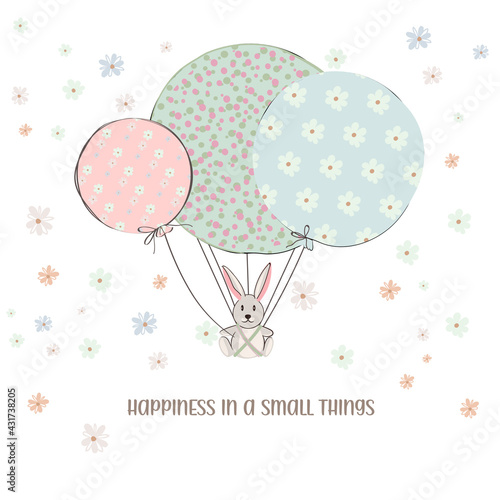 Cute vector rabbit illustration bunny holding air balloons