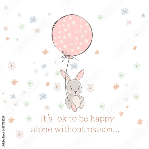 Cute vector rabbit illustration bunny holding air balloons