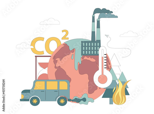 Air pollution with CO2 gas. Greenhouse gas warming effect. Environmental hazard from human activities