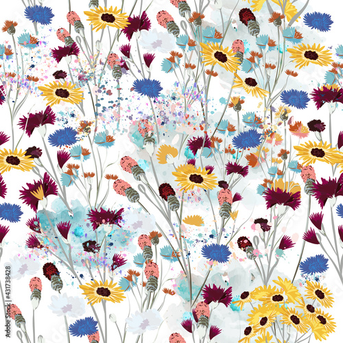 Field vector wild flowers meadow seamless pattern