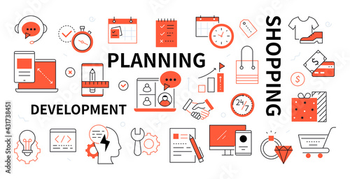 Development, planning and shopping - line design style icons