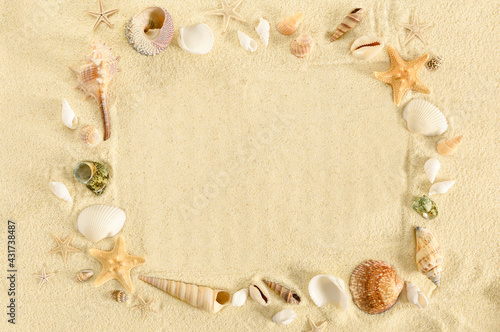 Frame made of seashells and starfishes on a sand background. Marine summer concept. Copy space between seashells and starfishes arranged in a square.