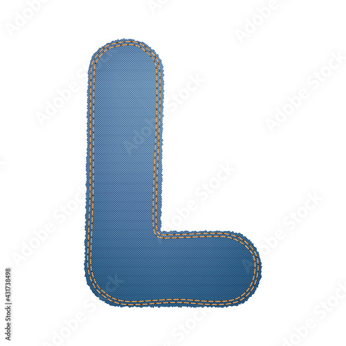 Illustration of alphabet letter L made from denim with torn raw edge, trimmed with orange threads along the edge. Vector. Can be used in web design, print, posters, word and capital letter layouts
