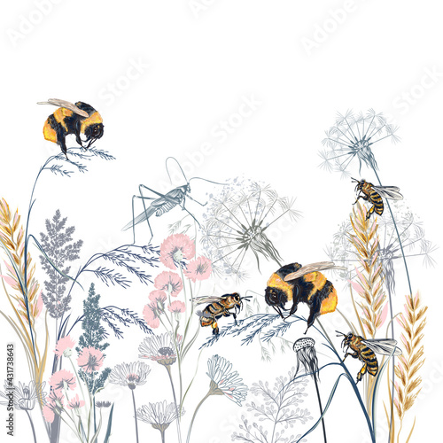 Beautiful elegant vector illustration with plants bees and bumblebee